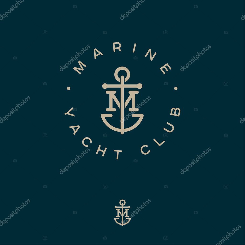 M monogram. Marine logotype. Logo of yacht club, maritime emblem. Crossed letter M and anchor into a circle.