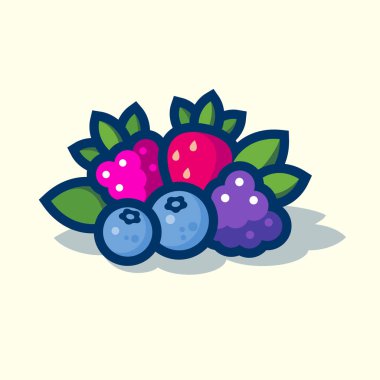 Orman böğürtlenleri çizimi. Yapraklı olgun meyveler. Hafif arka planda sağlık ürünlerinin simgesi. Böğürtlen amblemi.