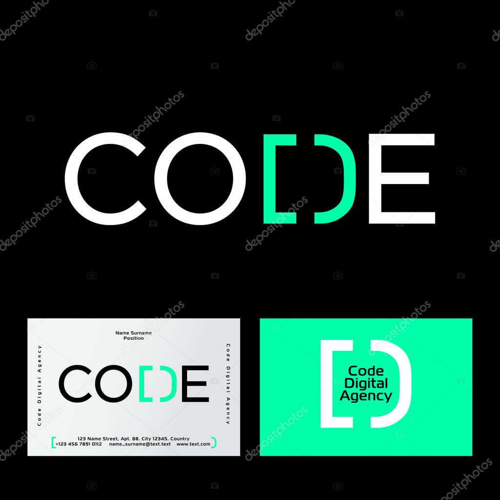 Code logo. Logo for digital company. Letter D consist of left square bracket and right parenthesis. Open and close brackets. Programming symbols.