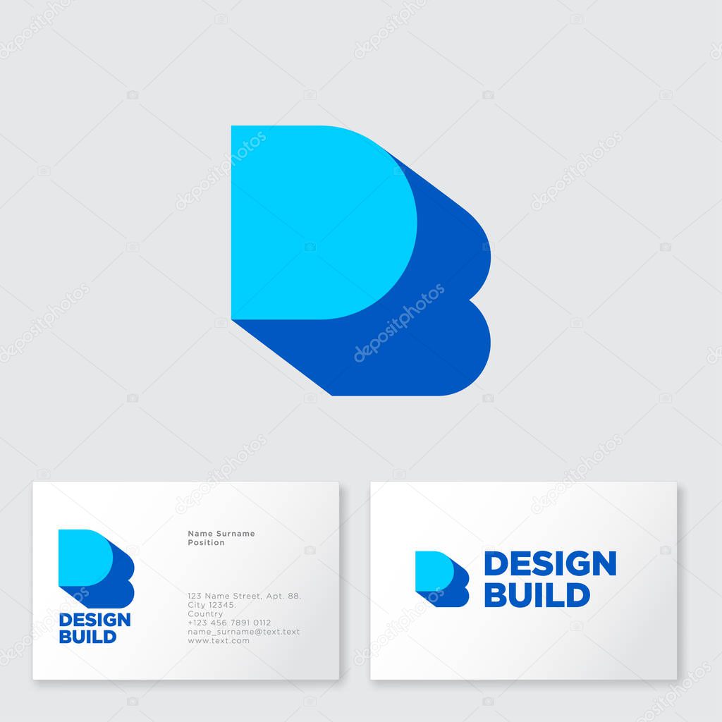 D, B logo concept. D letter with shadow like letter B on a white  background. Network, web, UI icon. B is a shadow of D letter. Business card.