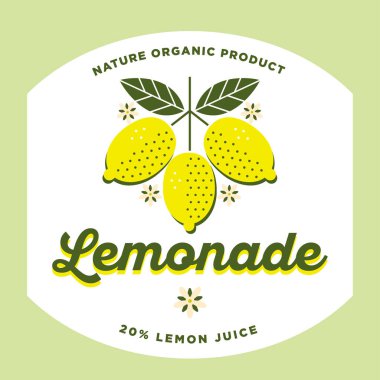 Limonata etiketi. Limonata amblemi. Limon logosu. Beyaz rozetli sarı limonlar ve çiçekler.