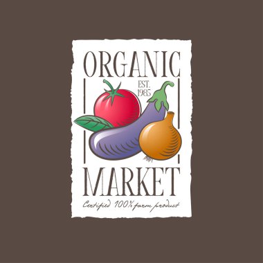 Organik pazar logosu. Sağlıklı sebzeler. Kenarları düz olmayan beyaz etiketli sebzeler. İşleme Biçimi Resimleri.