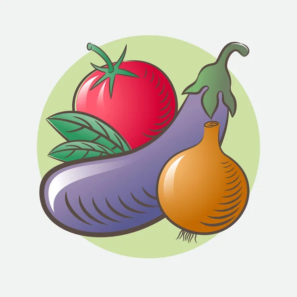 Auberginen Tomaten Zwiebeln Und Basilikumblätter Reifes Gemüse Auf Hellem Hintergrund — Stockvektor