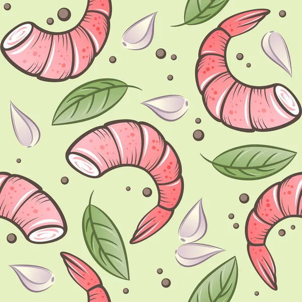 Seamless Pattern Seafood Shrimps Garlic Spicy Herbs Illustration Wrapping Pattern — 스톡 벡터