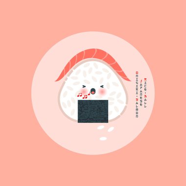 Onigiri Japon pirinç topu ve piese somon balığı. Kawaii Onigiri ve Japon tarzı metin parlak bir arkaplanda. 