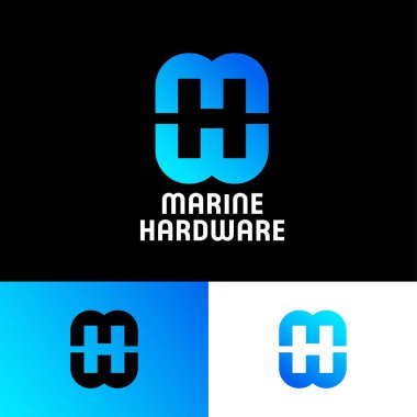 Donanım logosu. M, H ve W harfleri. Logo, farklı arka planlarda izole edilmiş mavi harflerden ve illüzyondan oluşur. Ağ simgesi, ağ simgesi.