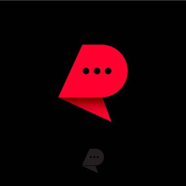 R baş harfleri. R logosu. R chat başlığı. Konuşma balonu gibi kırmızı bükülme elementi. Monokrom seçeneği.