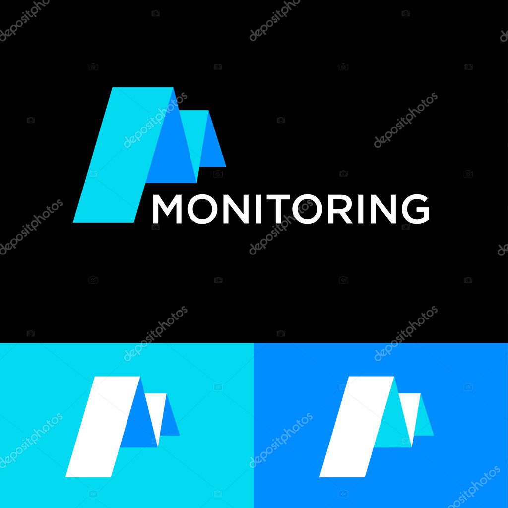 Monitoring logo. Letter M like chart. M letter consist of  blue bend paper ribbon, isolated on a on different backgrounds. Network, web icon.