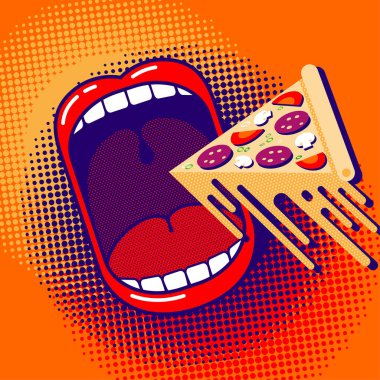 Pizza yemeye bayılırım! Komik karikatür posteri. Kocaman bir ağız, bir dilim pizza ve parlak bir arka planda erimiş peynir..