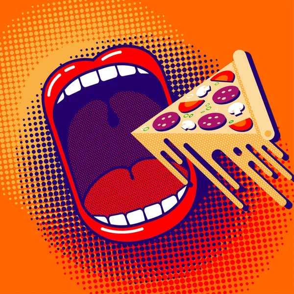 Älskar Att Äta Pizza Rolig Tecknad Affisch Stor Öppen Mun — Stock vektor