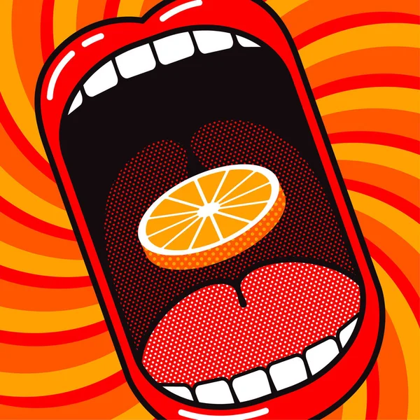 Люблю Апельсин Смешной Мультяшный Плакат Большой Открытый Рот Оранжевым Ломтиком — стоковый вектор