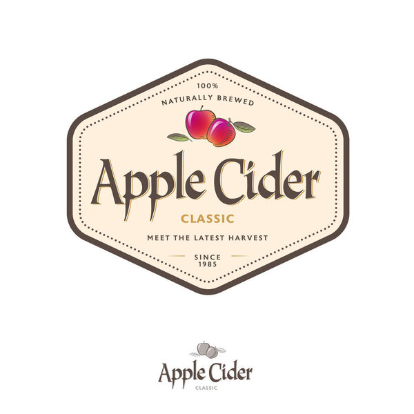 Apple Cider label. Apple beverage in hexagon frame. Some ripe pomegranate and leaves with letters. 