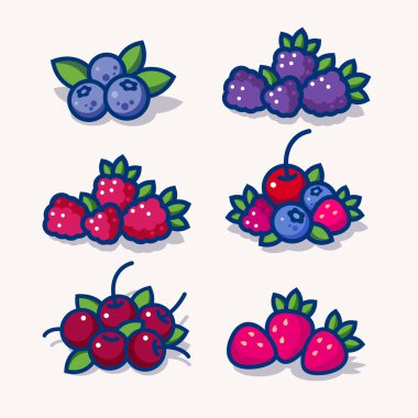 Paketleme için çizimler. Yapraklı dut. Yabanmersini, böğürtlen, ahududu, değişik çilekler, kiraz, çilek karışımı..