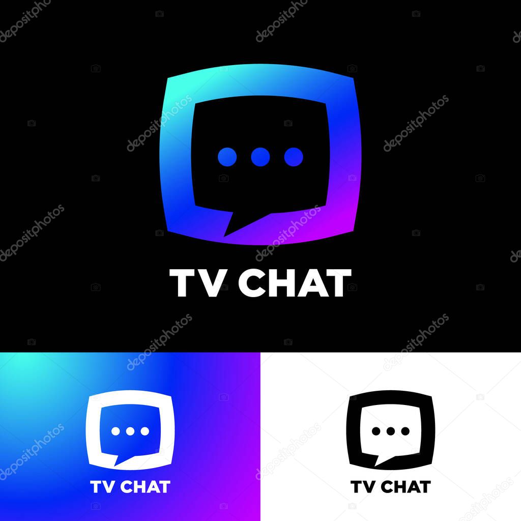 TV chat logo. Chat emblem. Comic bubble chat like TV screen with letters on a different backgrounds. 