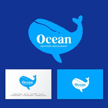 Deniz ürünleri restoranının logosu. Mavi Balina 'nın silueti ve harfleri. Kartvizit.