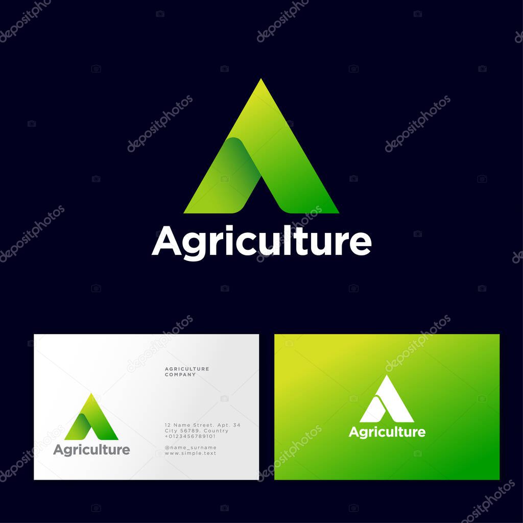 Agriculture Company logo. A monogram consist of green ribbons. Farm fresh food emblem. Business card.
