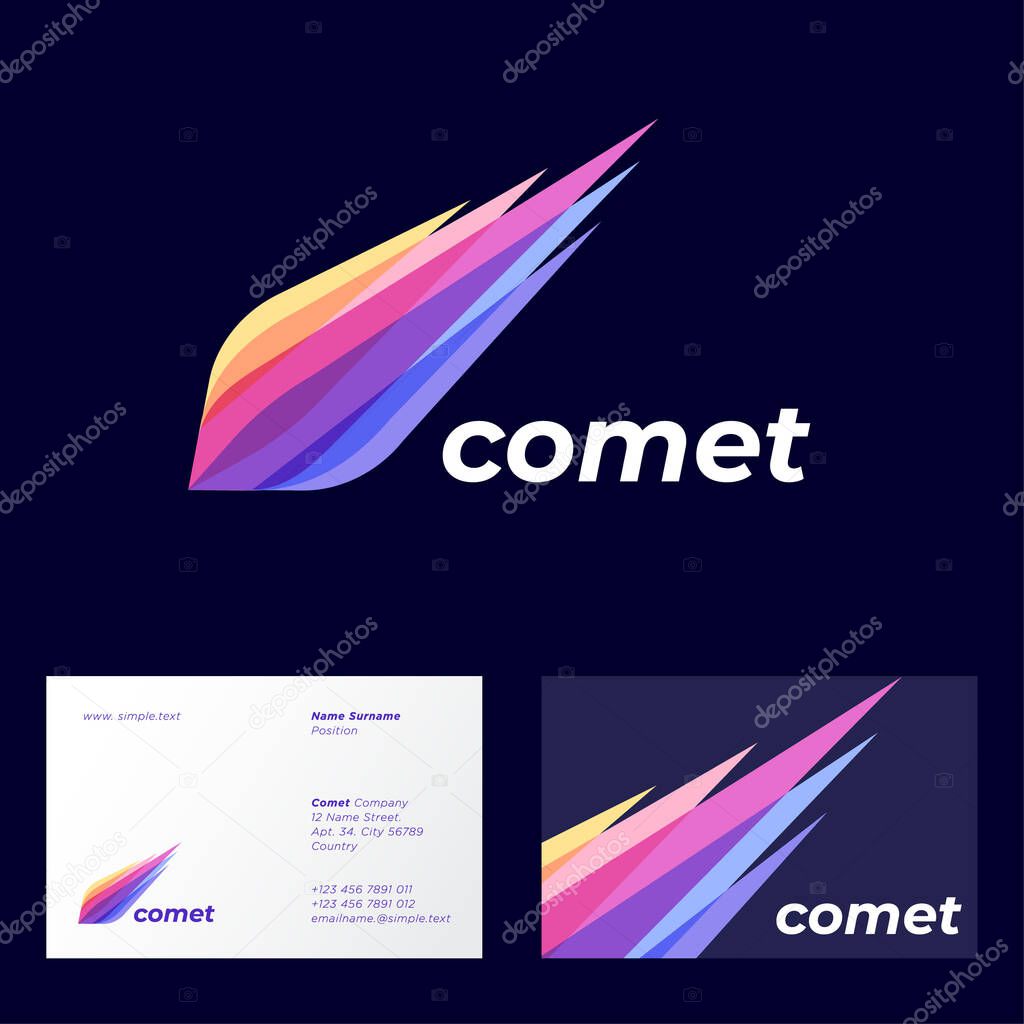 Comet logo. Astronomical object icon. Colorful icon consist of transparent different color elements. Business card.