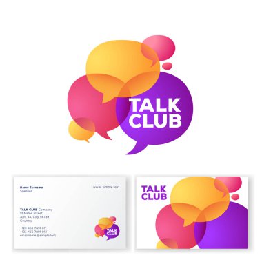 Talk Club logosu. Dil okulu logosu. Sohbet kulübü ikonu. Sohbet logosu. Toplum amblemi. Renkli baloncuklar. Kimlik. Kartvizit.