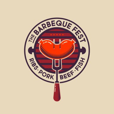 Barbekü Festivali logosu. Mangallı amblem, sosis ve barbekü çatalı. Kasap dükkânı tabelası. Izgara arka planda ızgara sosis..