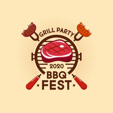 Barbekü Festivali logosu. Izgara partisi logosu. Izgarada ızgara biftek. BBC çatalında sıcak sosis. Kasap Dükkanı tabelası.. 