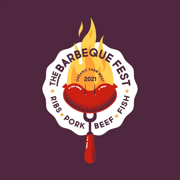 Λογότυπο Του Φεστιβάλ Μπάρμπεκιου Ψητά Λουκάνικα Πιρούνι Μπάρμπεκιου Και Φωτιά — Διανυσματικό Αρχείο