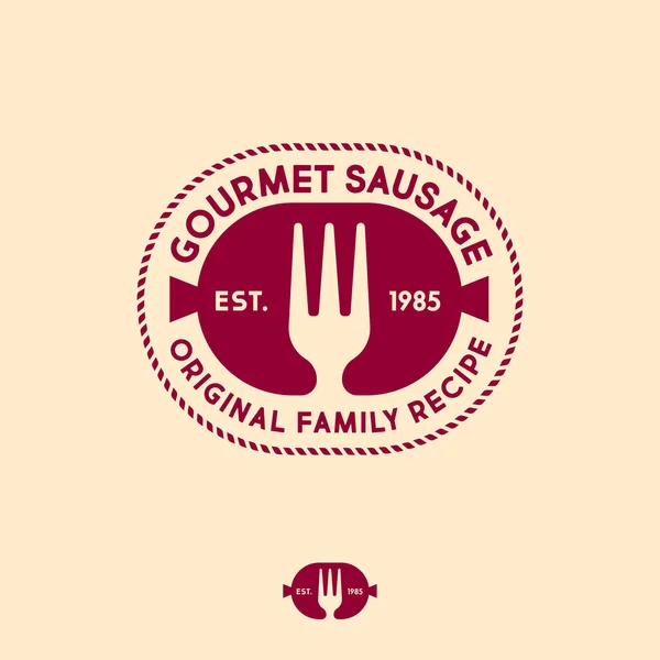 Λογότυπο Λουκάνικων Gourmet Πρωτότυπα Προϊόντα Σήμα Χασάπη Σιλουέτα Λουκάνικου Πιρούνι — Διανυσματικό Αρχείο