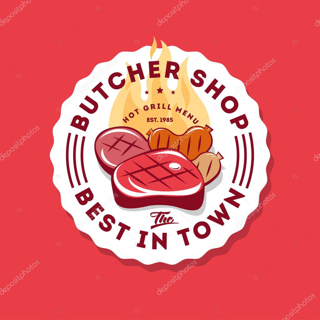 The Barbecue Fest logo. Grill party logotype. Juicy steak and hot sausages on a grill with letters. Butcher Shop sign on a figure badge. 