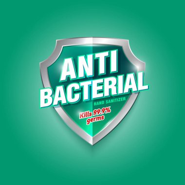 Antibakteriyel el dezenfektan logosu. Dezenfektan jeli, antiseptik etiketi. Yeşil ve gümüş harfli parlak bir kalkan.. 