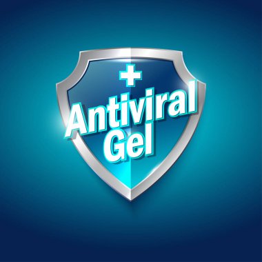 Antiviral jel logosu. Dezenfekte jeli, antiseptik ve virüs koruma etiketi. El ve vücut için dezenfektan. Mavi ve gümüş renkli, harfli ve tıbbi haçlı bir kalkan.. 