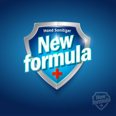 Yeni Formula logosu. Dezenfekte jeli, antiseptik ve virüs koruma etiketi. El ve vücut için dezenfektan. Mavi ve gümüş renkli, harfli ve tıbbi haçlı bir kalkan.. 