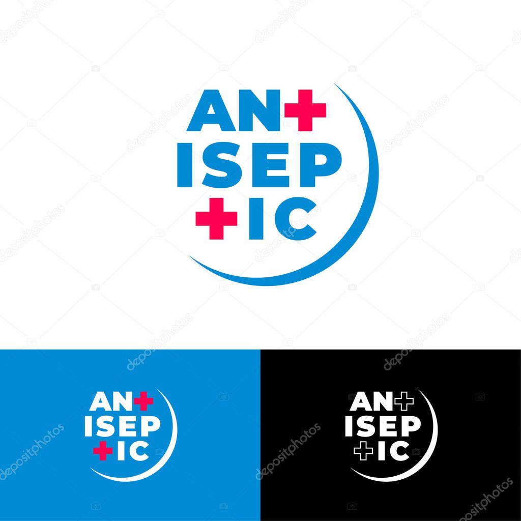 Antiseptic logo on a different backgrounds. Letters T like medical crosses into circle badge. Hand antiseptic medicine product. Logotype for antibacterial sanitizer gel.