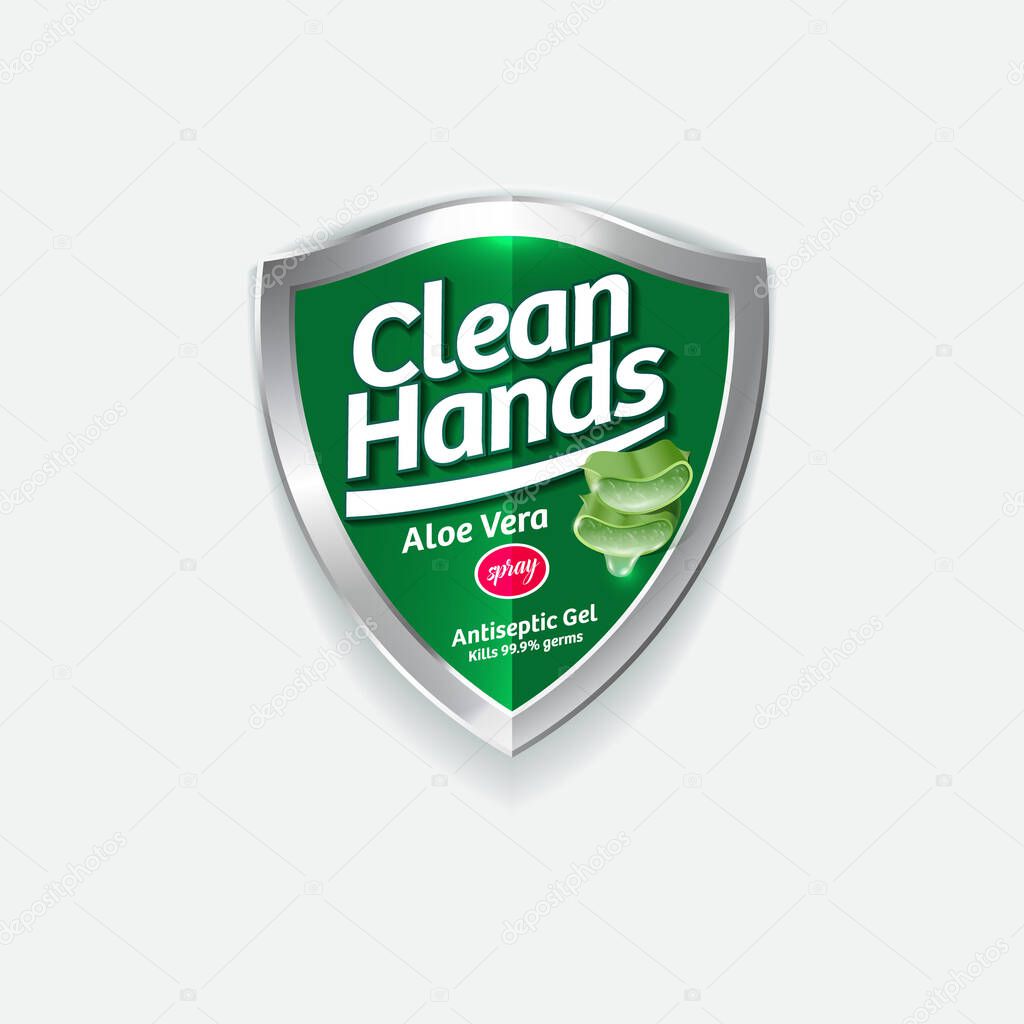 Clean Hands logo. Hand disinfectant, virus protection label. Sanitizer for hands and body. Green glossy shield with logotype and cut leaves Aloe Vera.