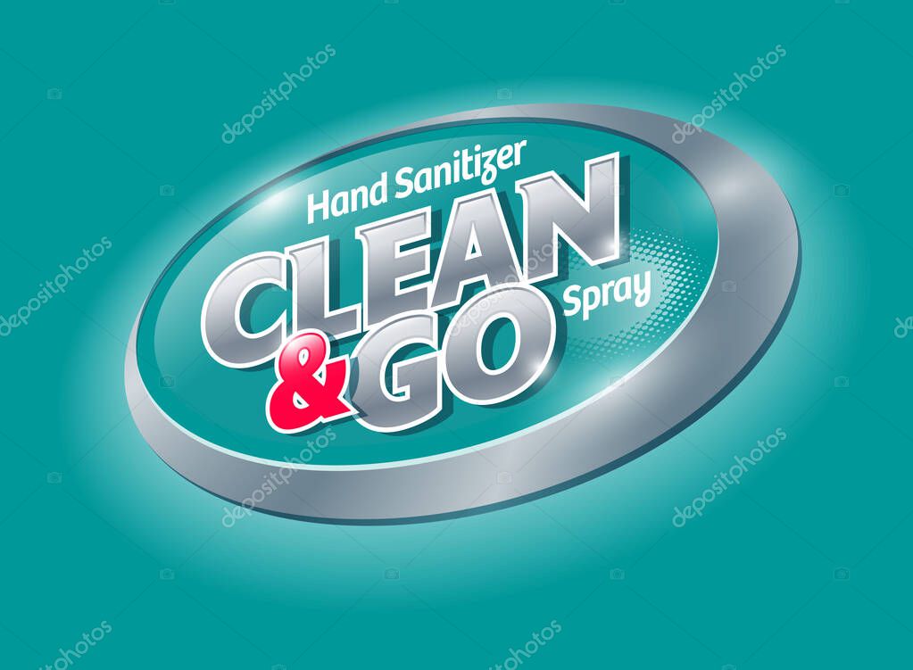 Clean and Go logo. Sanitizer spray, antiseptic and virus protection. Sanitizer for hands and body. Glossy lettering on turquoise badge.