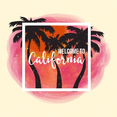 California hoş geldiniz. Palmiye ve çerçeve ile pembe arka plan