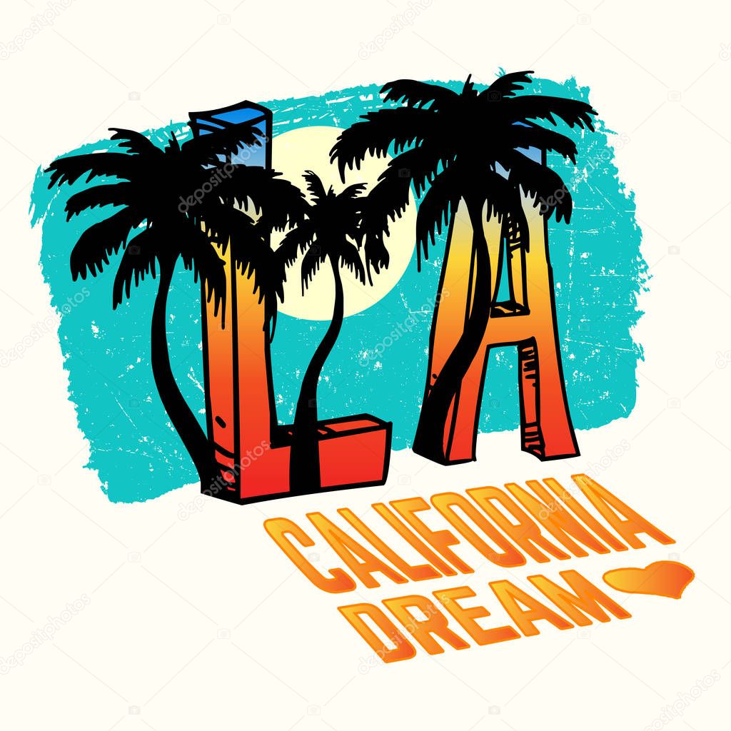 California, Los Angeles Vector Illustration with Palms, Vintage Design