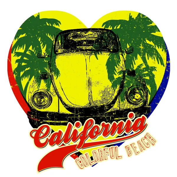 Vintage αυτοκίνητο με Φοίνικα. Καλοκαίρι Καλιφόρνια κίτρινο καρδιές Γραφιστικής — Διανυσματικό Αρχείο