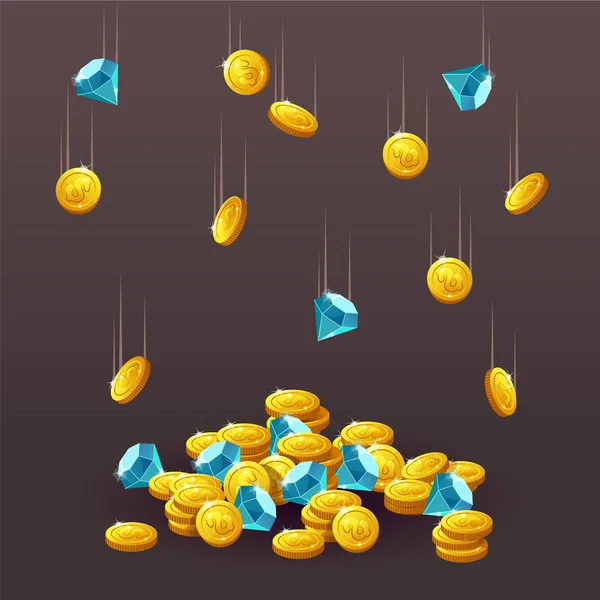 Pictogrammen munten met blauwe kristallen, edelstenen, edelstenen, diamanten. — Stockvector