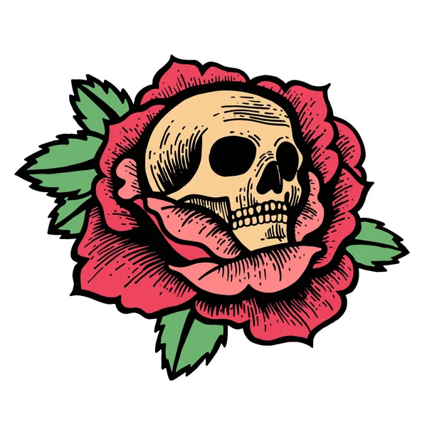 Viejo escuela rosa tatuaje con cráneo — Vector de stock