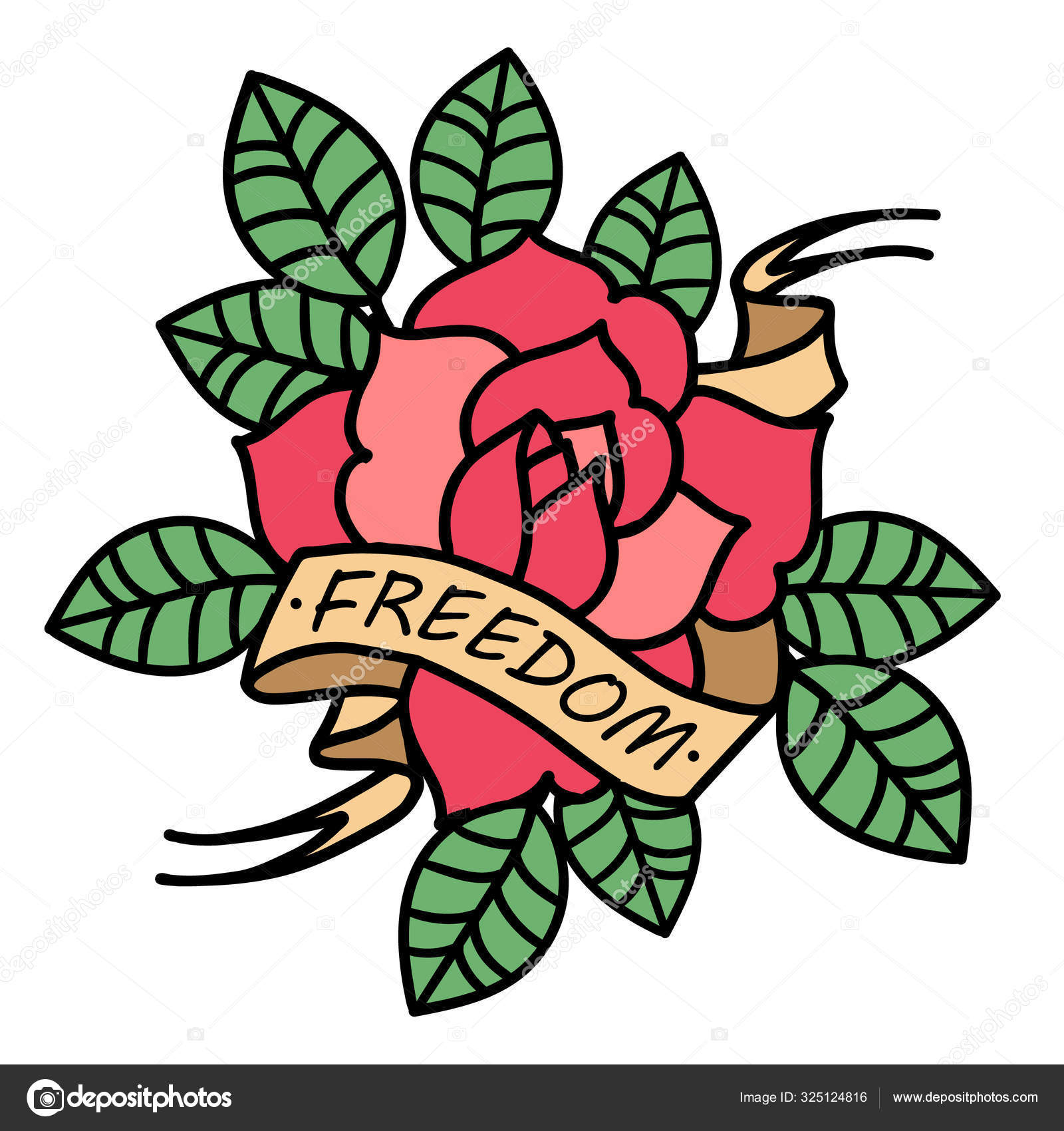 Tatuaje rosa con cinta. Ilustración vectorial art. Grabado vintage . Vector  de stock #325124816 de ©kalita.katsiaryna@gmail.com, image size:1600x1700