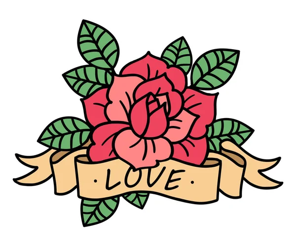 Tatuaje rosa con cinta. Ilustración vectorial art. Grabado vintage . — Vector de stock