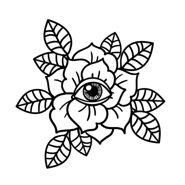 Rose en oog tatoeage met heilige geometrie frame. — Stockvector