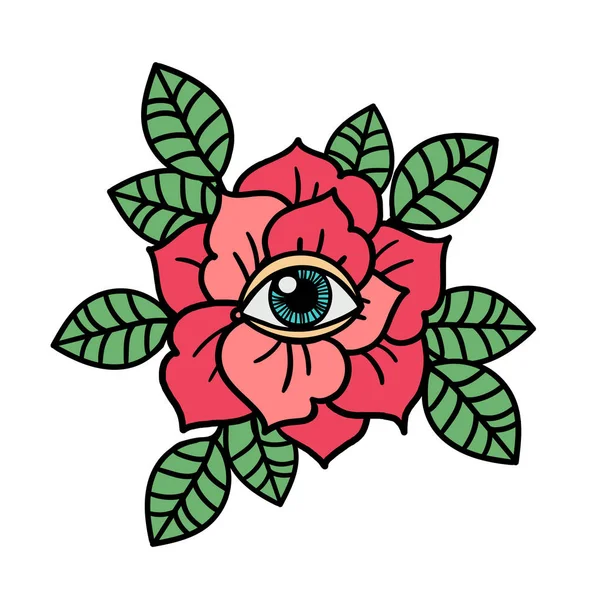 Rose en oog tatoeage met heilige geometrie frame. — Stockvector