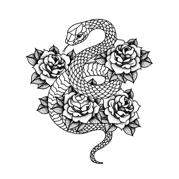 Tatuaje con rosa y serpiente con marco de geometría sagrada. — Vector de stock