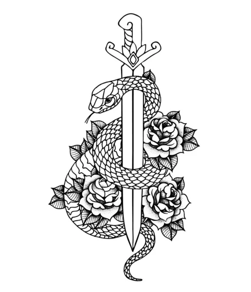 Tatuaje con rosas y serpiente, espada y daga . — Vector de stock