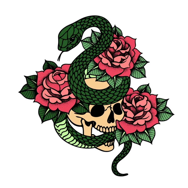 Güllü ve yılanlı dövme, kutsal geometri çerçeveli kafatası.