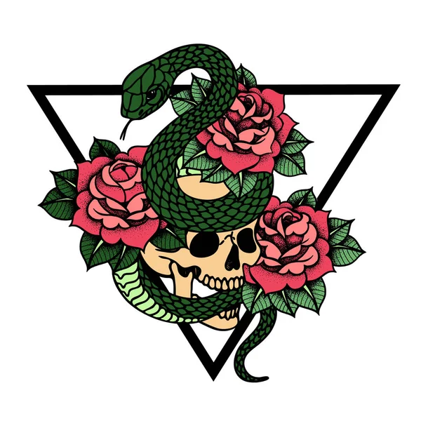 Tattoo with roses and snake, skull with sacred geometry frame. — Stock Vector