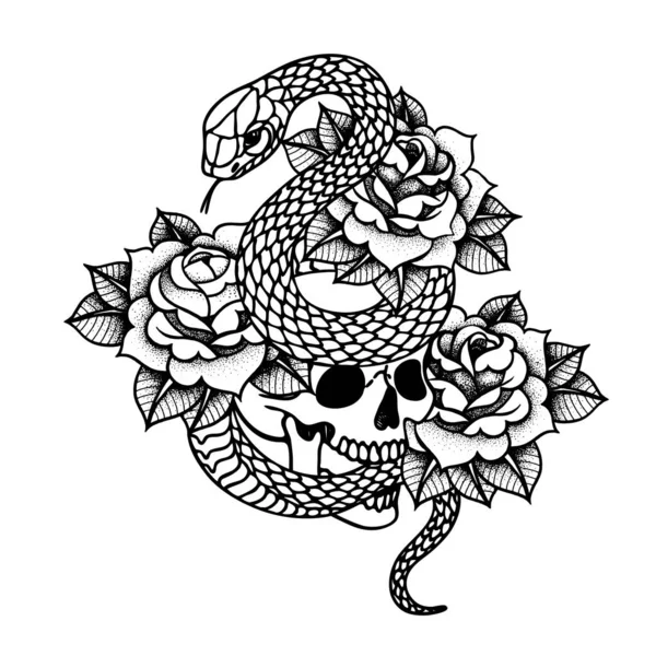 Tatuaje con rosas y serpiente, cráneo con marco de geometría sagrada . — Archivo Imágenes Vectoriales