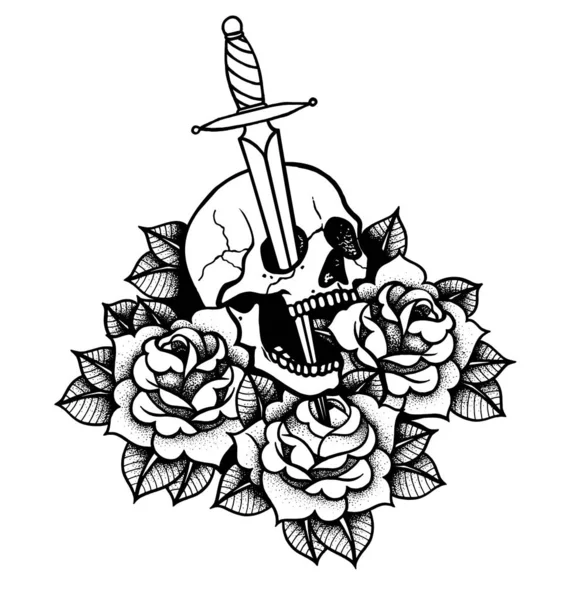 Tatoeage met rozen en slang, schedel, zwaard en dolk. — Stockvector
