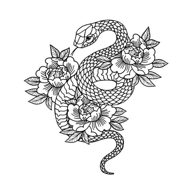 Tatoeage met roos en slang met heilig geometrisch frame. — Stockvector