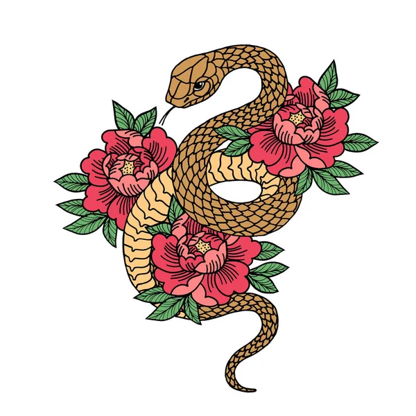 Tatuaje con rosa y serpiente con marco de geometría sagrada. — Vector de stock